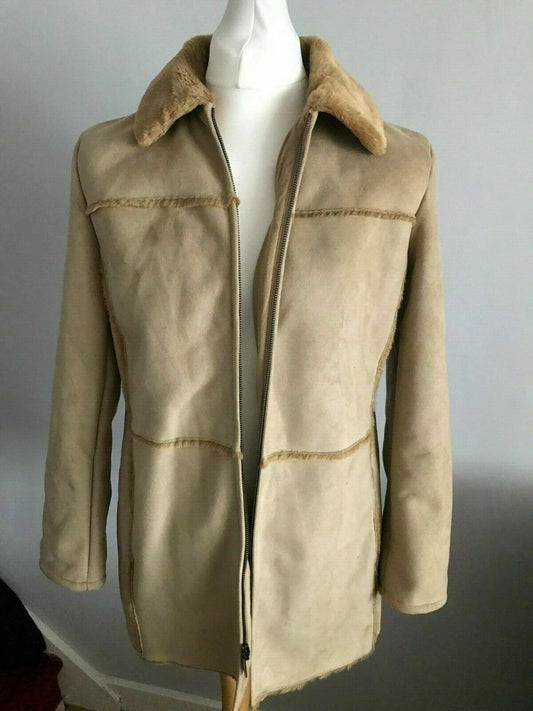 Liz Claiborne Ladies Light Brown Beige Tan Faux Fur Coat UK Medium