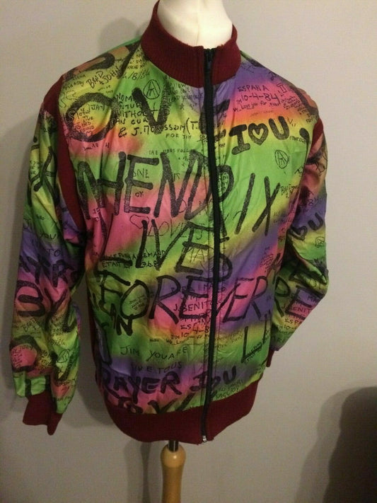 Red & Green Multicoloured Hendrix Lives Forever Raving Jacket Coat UK 16 RARE