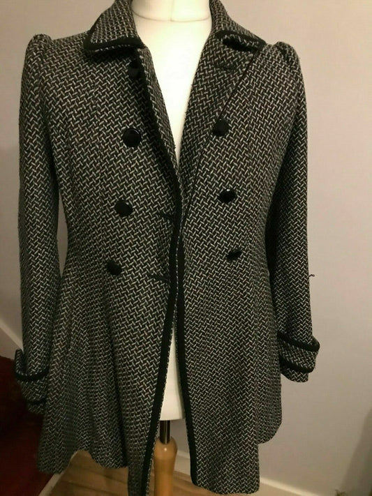 New Look Vintage Ladies Black & Grey Smart Patterned Jacket Coat UK 12