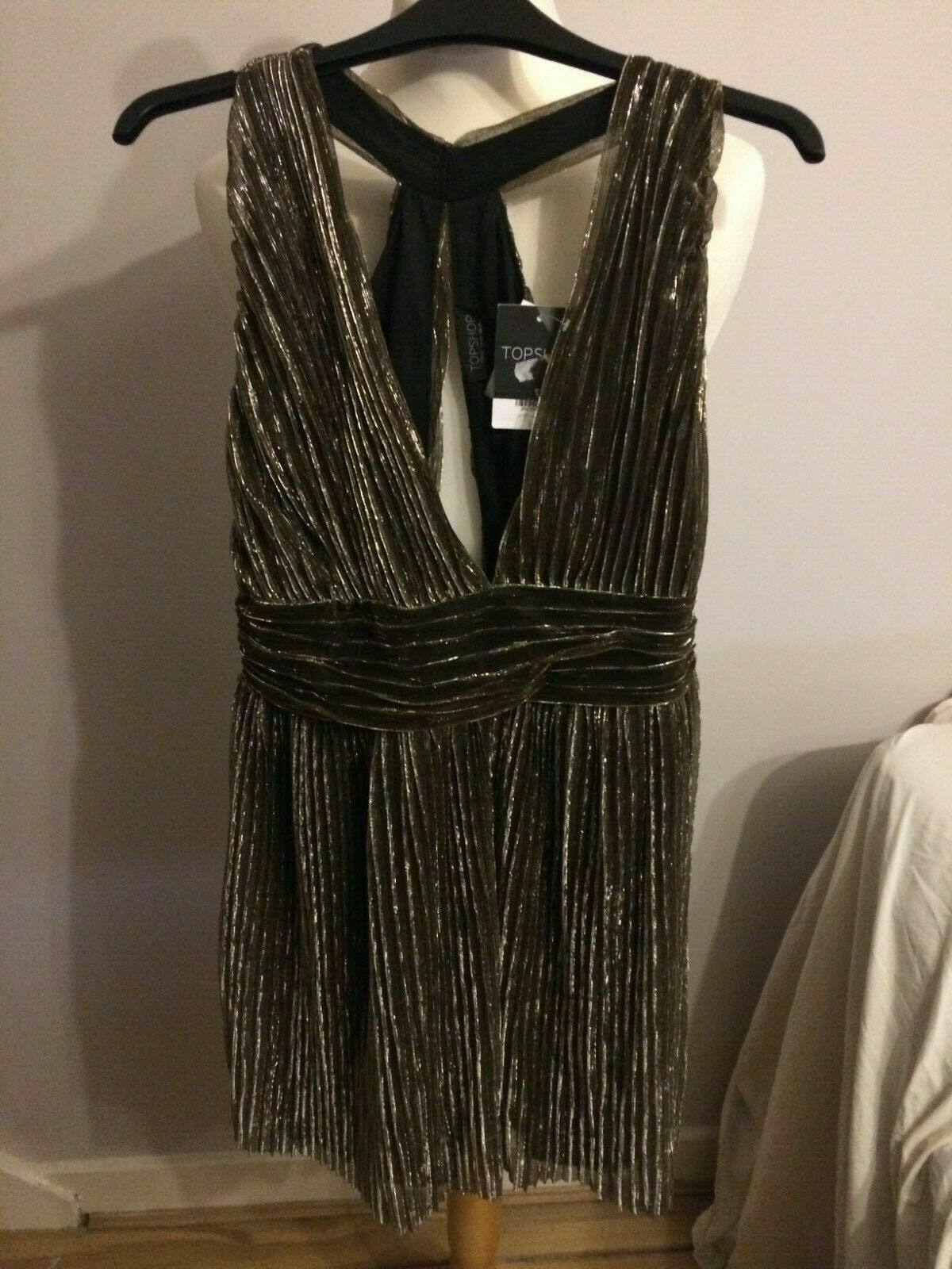 Top Shop Black & Gold Short Sleeveless Evening Party Dress UK 14 RRP £46