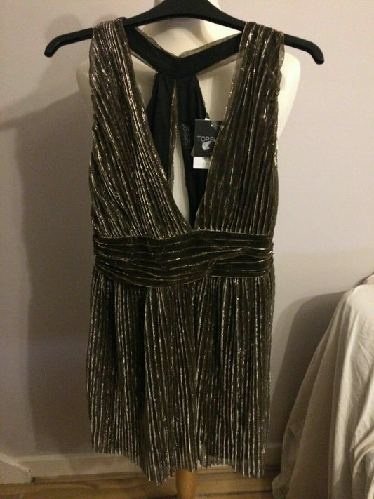Top Shop Black & Gold Short Sleeveless Evening Party Dress UK 14 RRP £46