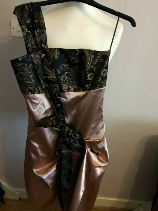 Kelly Ewing Black & Gold One Shoulder Evening Prom Ball Gown Party Dress UK 8