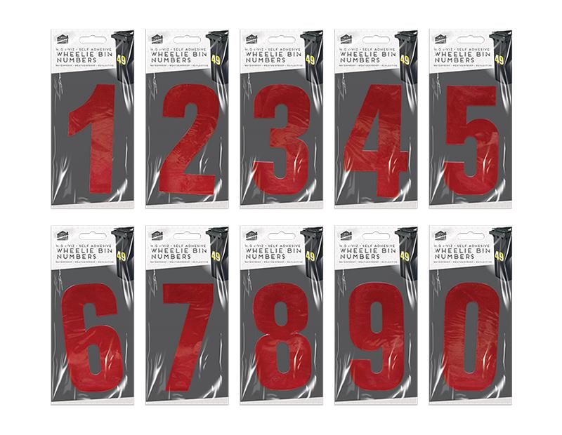 High Viz Self Adhesive Wheelie Bin Numbers Stickers Reflective Waterproof - RED