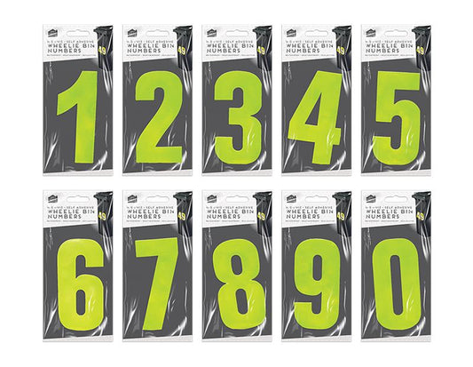 High Viz Self Adhesive Wheelie Bin Numbers Stickers Waterproof - Yellow